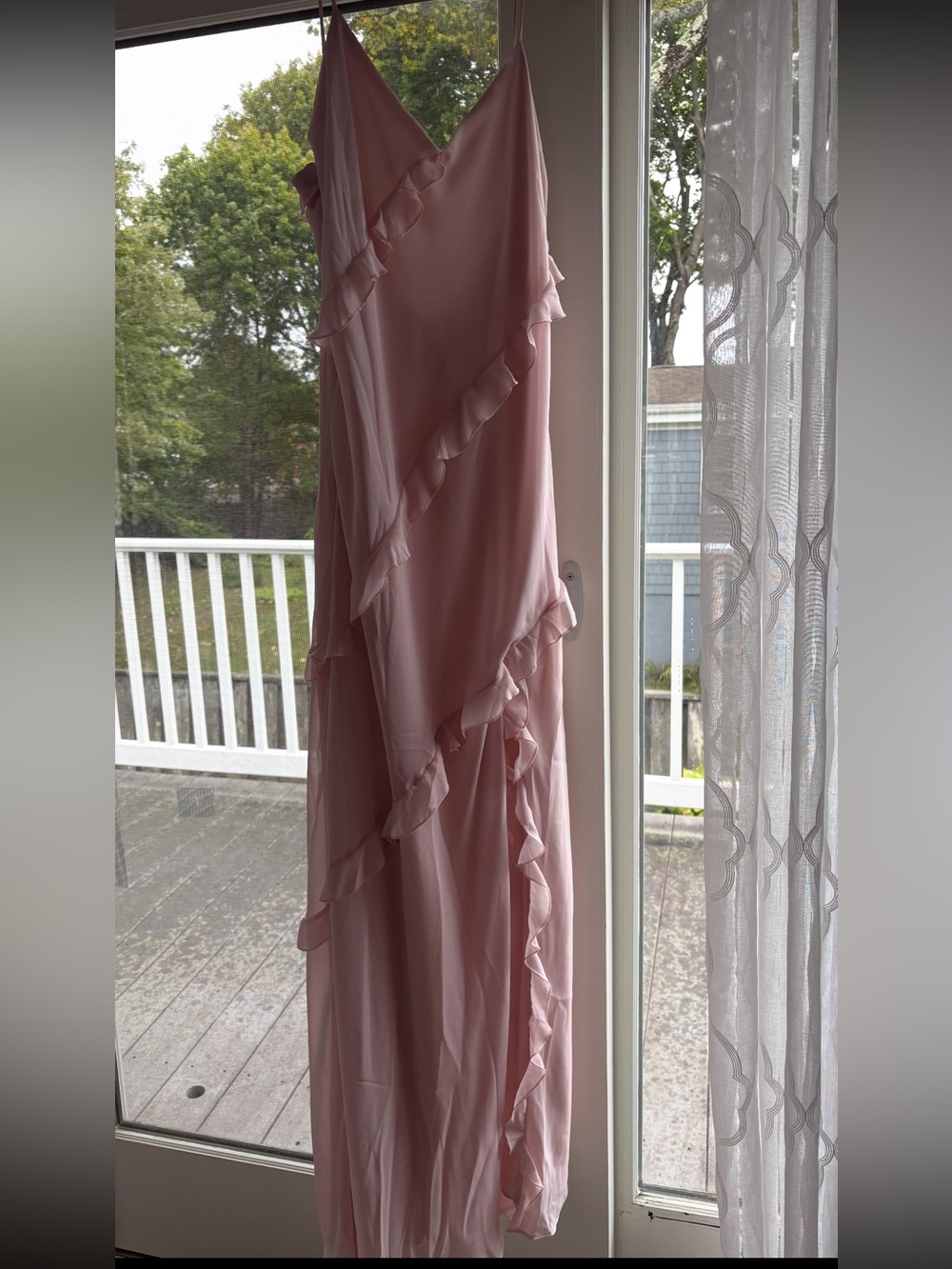 Blush Pink Ruffle-Trim Maxi Slip Dress